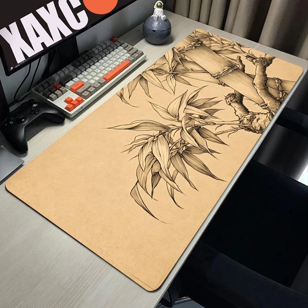 Desk Setup Beige - HYBXAXC Bamboo Line Art Mouse Pad