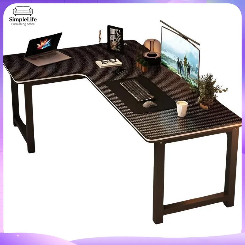 Desk Setup Dual Monitor - Meja Gaming Sudut dengan Rak Penyimpanan